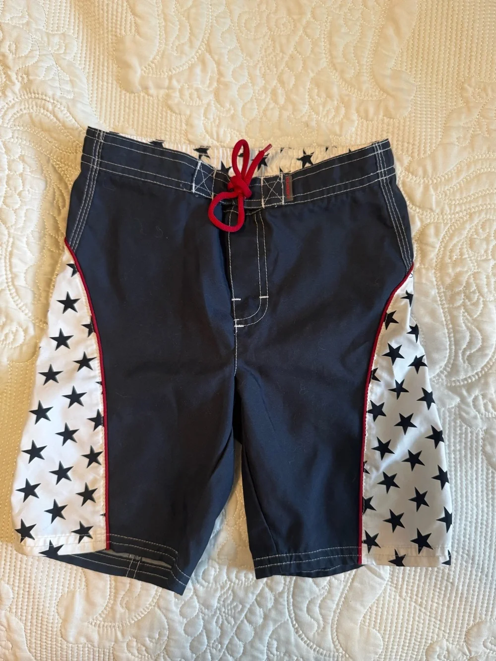 Early 2000s BOYS Old Navy Board Shorts with Star Side Panels and Red Drawcord